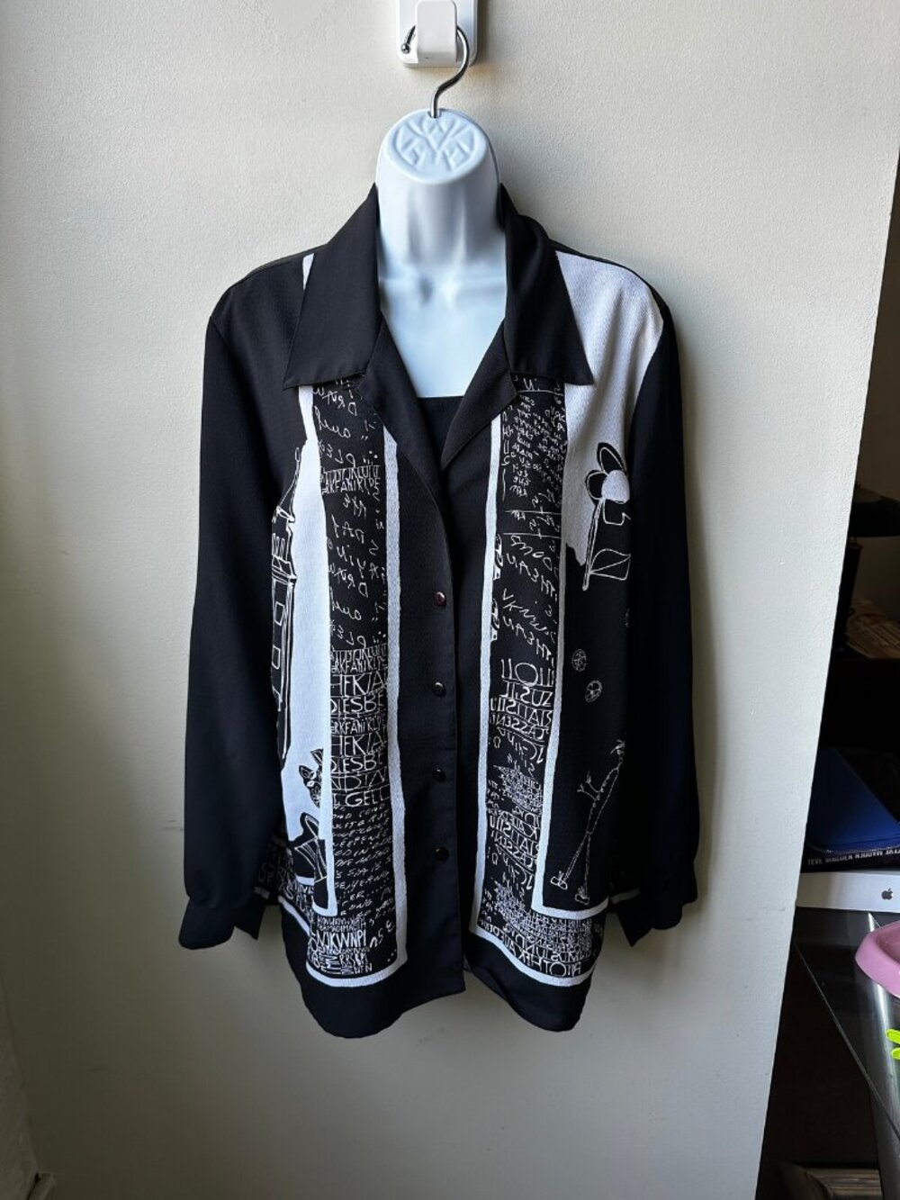 Allison Daley Women's 14 Black White Art Print Button Up Blouse Long Sleeve Top